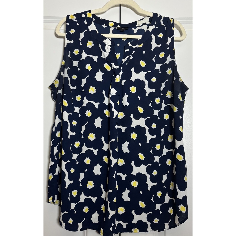 Talbots Womens Sleeveless Blouse Top White & Blue Bold Floral Split Neck 1X
